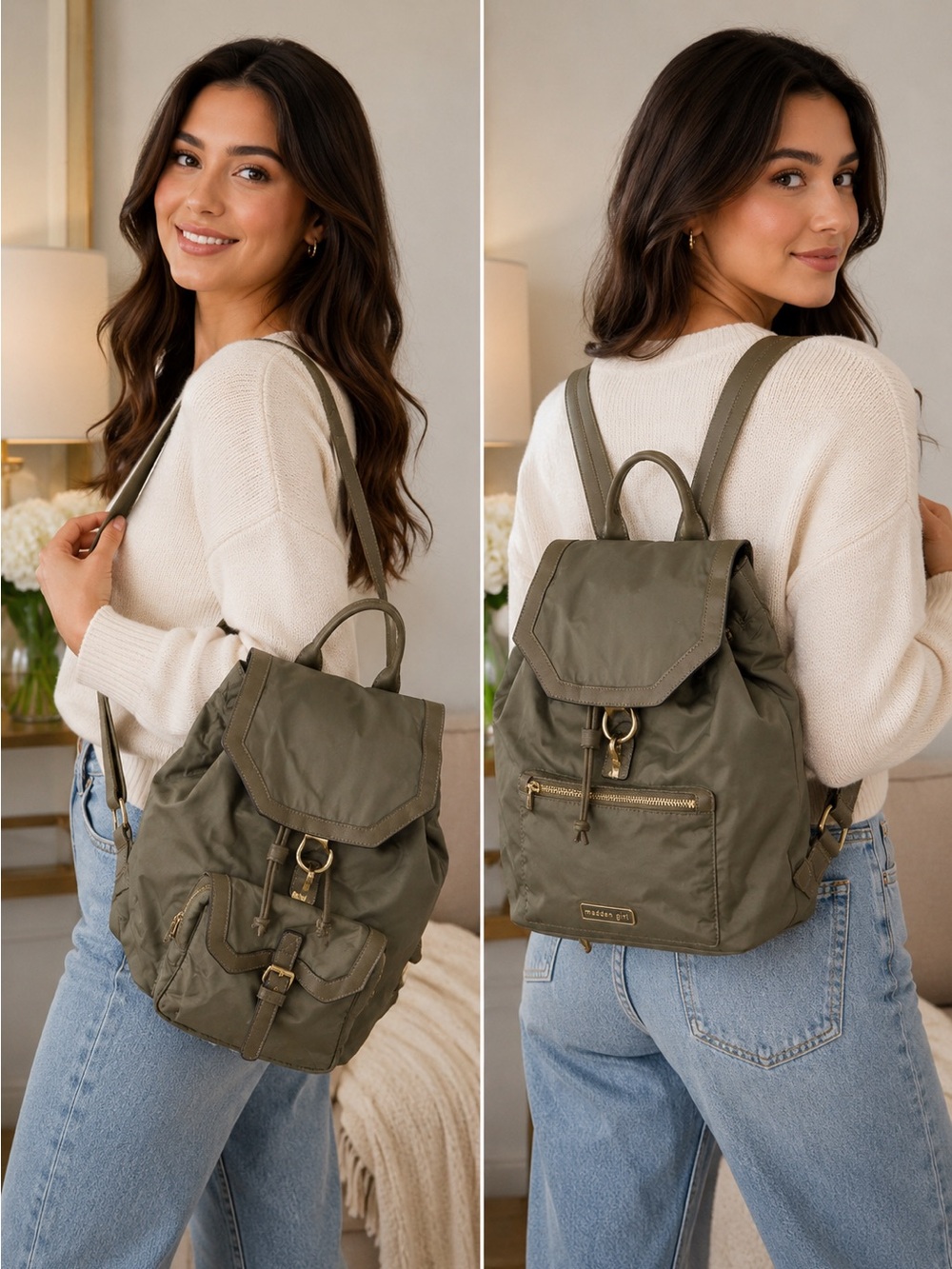 Madden Girl Olive Green Nylon Drawstring Backpack